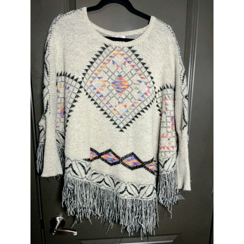 Kamana Boho Fringe Knit Sweater Poncho One Size Aztec Tribal Festival Beige